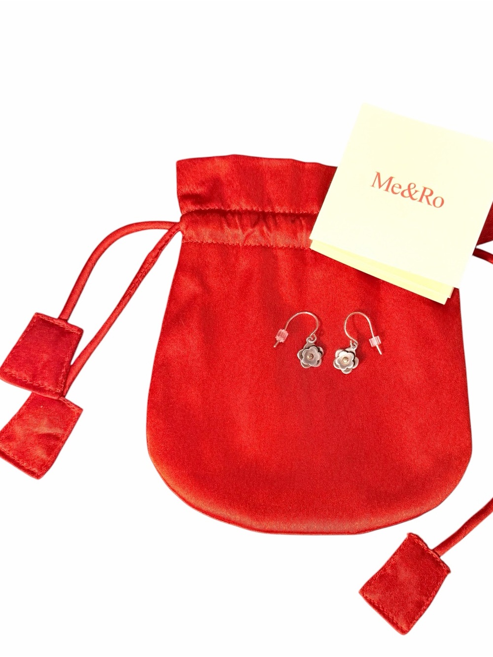 Me&Ro Sterling Silver 10K Gold Double Flower Drop Earrings Red Pouch
